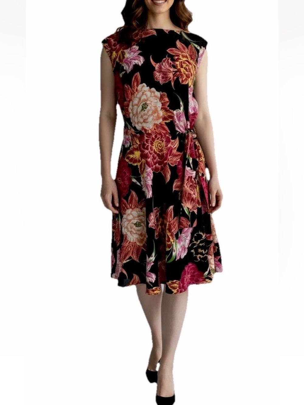 TAHARI Arthur S. Levine Sleeveless Black Floral Bloom Print Front Side Tie Dress